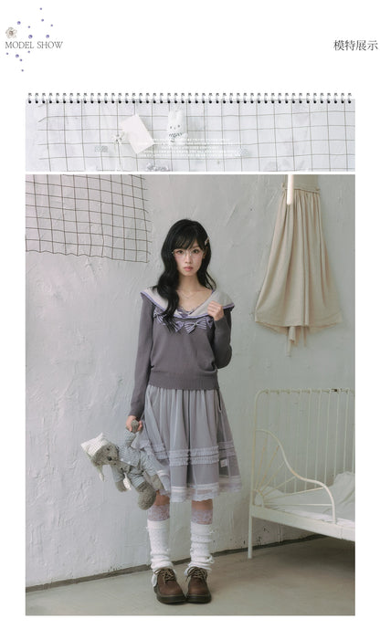 "Sage Whisper" Ethereal Layered Collection (Sailor Knit Sweater / Pleated Midi Skirt / Mesh Overlay Skirt)