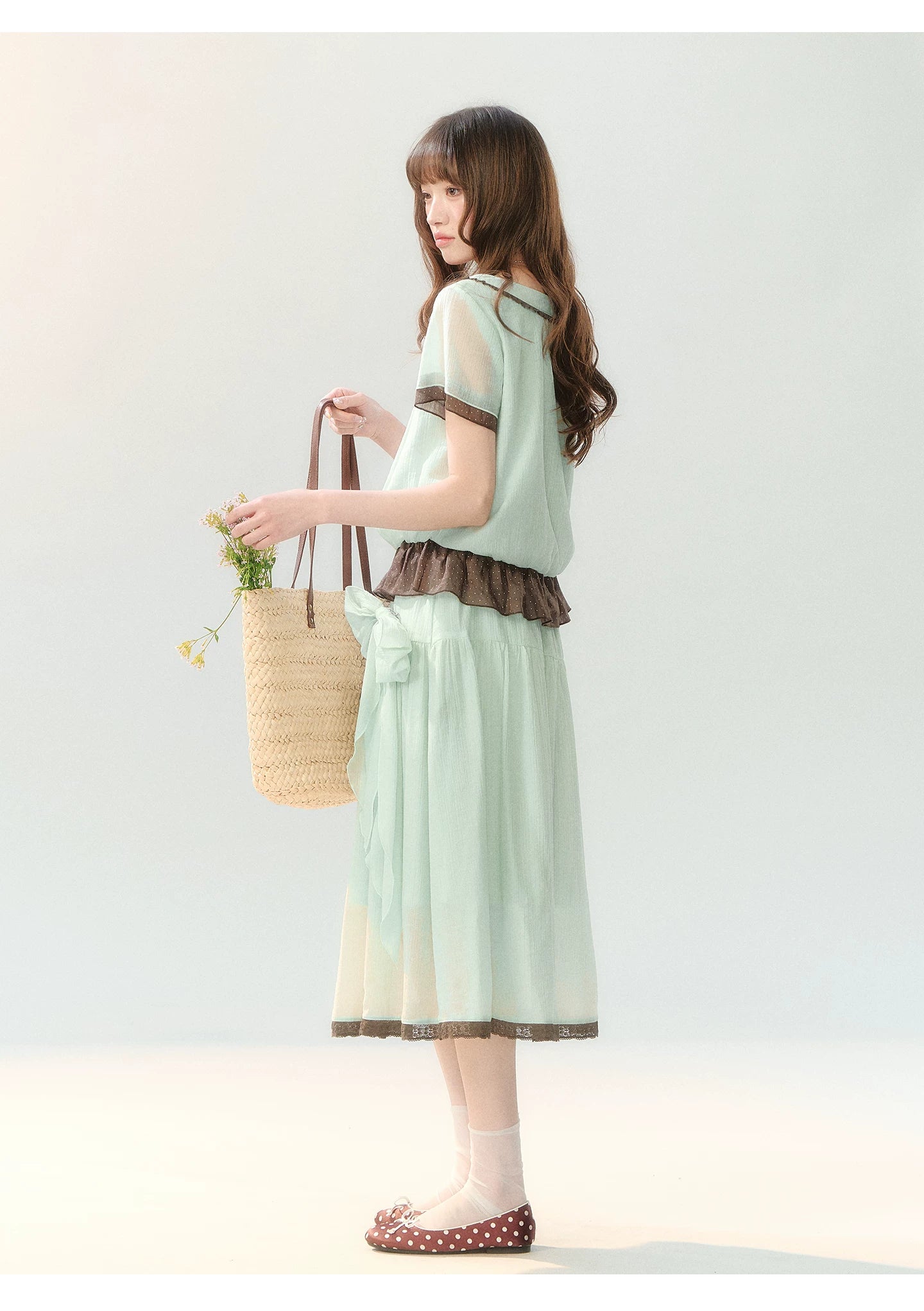"Mint Sugar Whimsy" Mint Green Polka Dot Two-Piece Skirt Set LL2026194