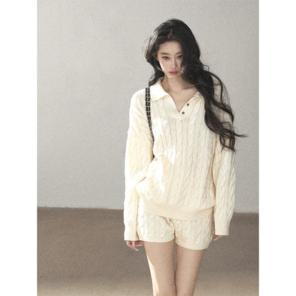 AOMALM - Dutch Cream Cable Knit Sweater & Shorts Set with Shawl