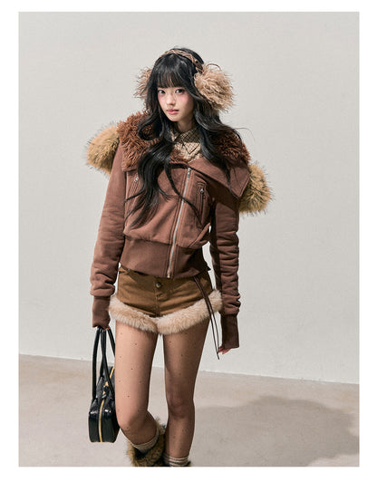 少也眼 "Warm Wilderness" Faux Fur Hooded Knit Jacket