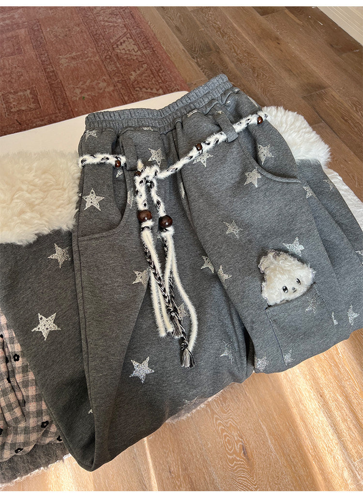 阮阮自制 - "Cold Star Snow" Faux Fur Star Print Fleece Jogger Pants