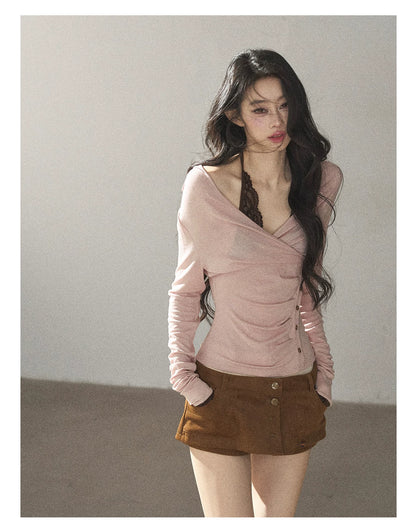 AOMALM - "Rose Garden Daydream" Misty Pink Korean Layered Lace Long-Sleeve Halter Top