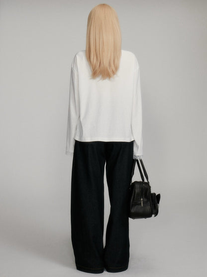 “Lash-Lace Soft Drape” White Polo Long-Sleeve Base Top M6678