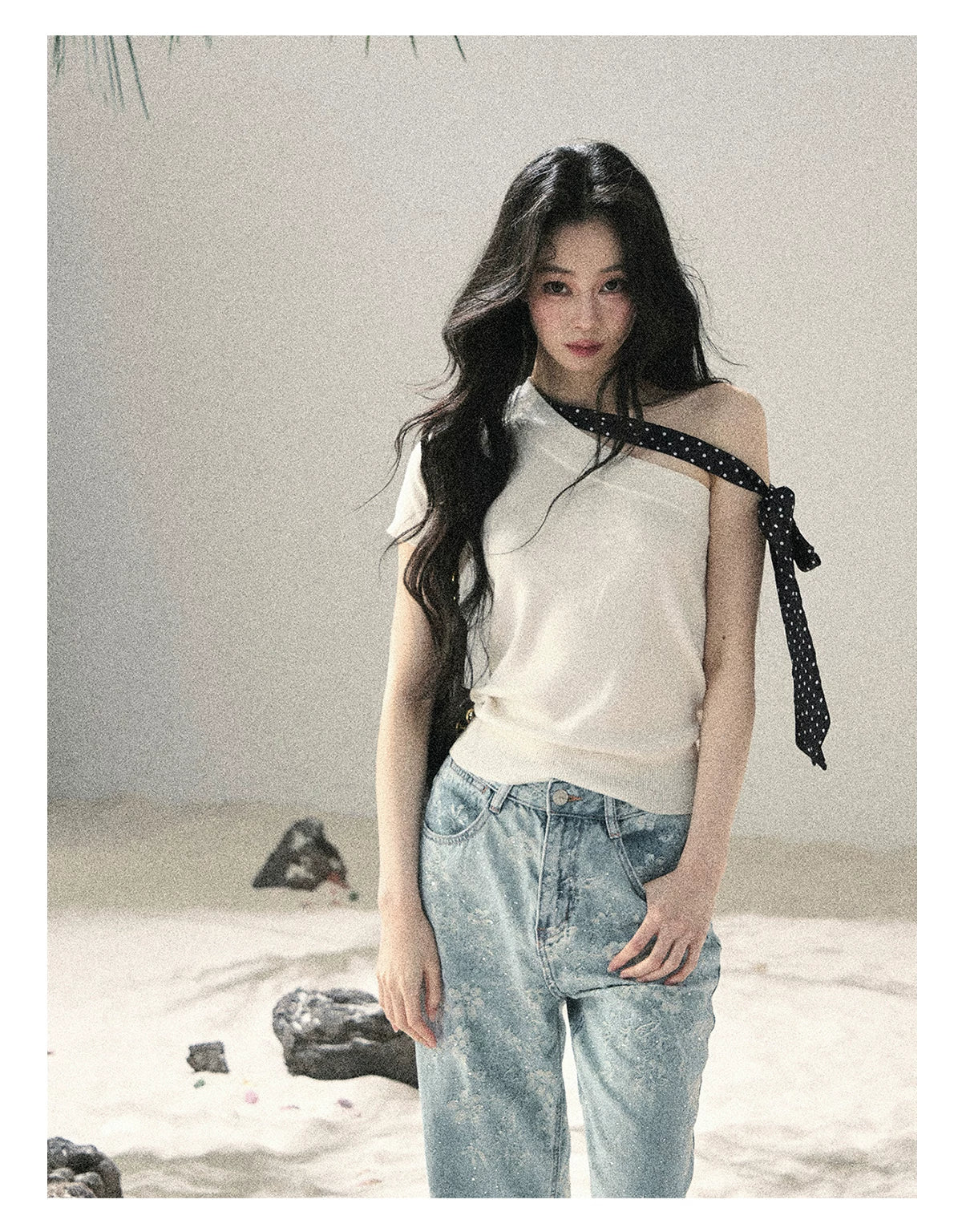 "Morning Dew & Evening Breeze" Cheese White One-Shoulder Polka Dot Crop Top