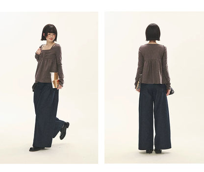 "Lazy Weekend" Deep Blue Ruched Wide Leg Jeans