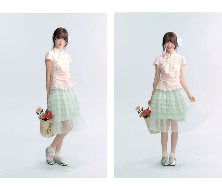 "Lime Mille-Feuille Glow" Peach Mist Chinese-Inspired Short Sleeve Top & Lime Green Tulle Tiered Skirt Set