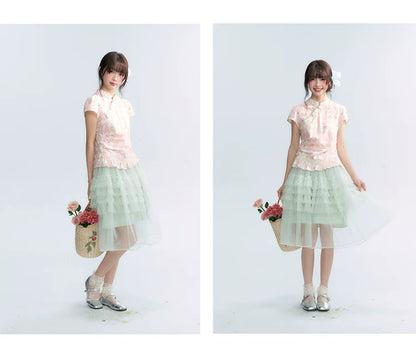 "Lime Mille-Feuille Glow" Peach Mist Chinese-Inspired Short Sleeve Top & Lime Green Tulle Tiered Skirt Set
