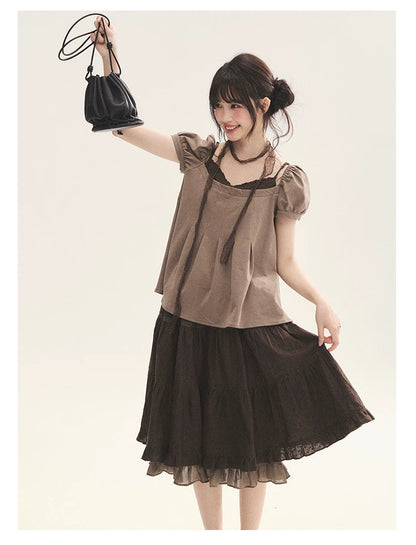 "Faded Bloom" Deep Brown Red Lace Trim Tiered A-Line Skirt