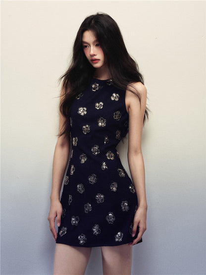 1P - “Shut Down” Midnight Sequin Bloom Mini Dress
