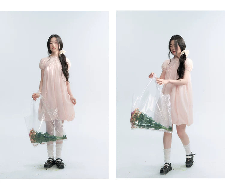 "Little Princess" Strawberry Pink Lace Bow Bubble Hem Midi Dress