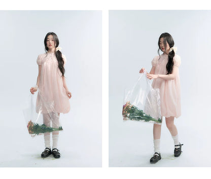 "Little Princess" Strawberry Pink Lace Bow Bubble Hem Midi Dress
