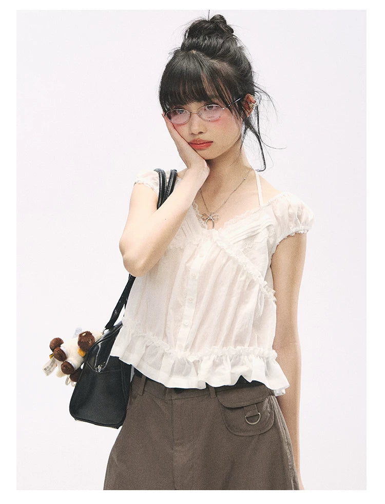 "French Meadow Romance" Ivory Lace Trim Halter Tie V-Neck Cotton Blouse