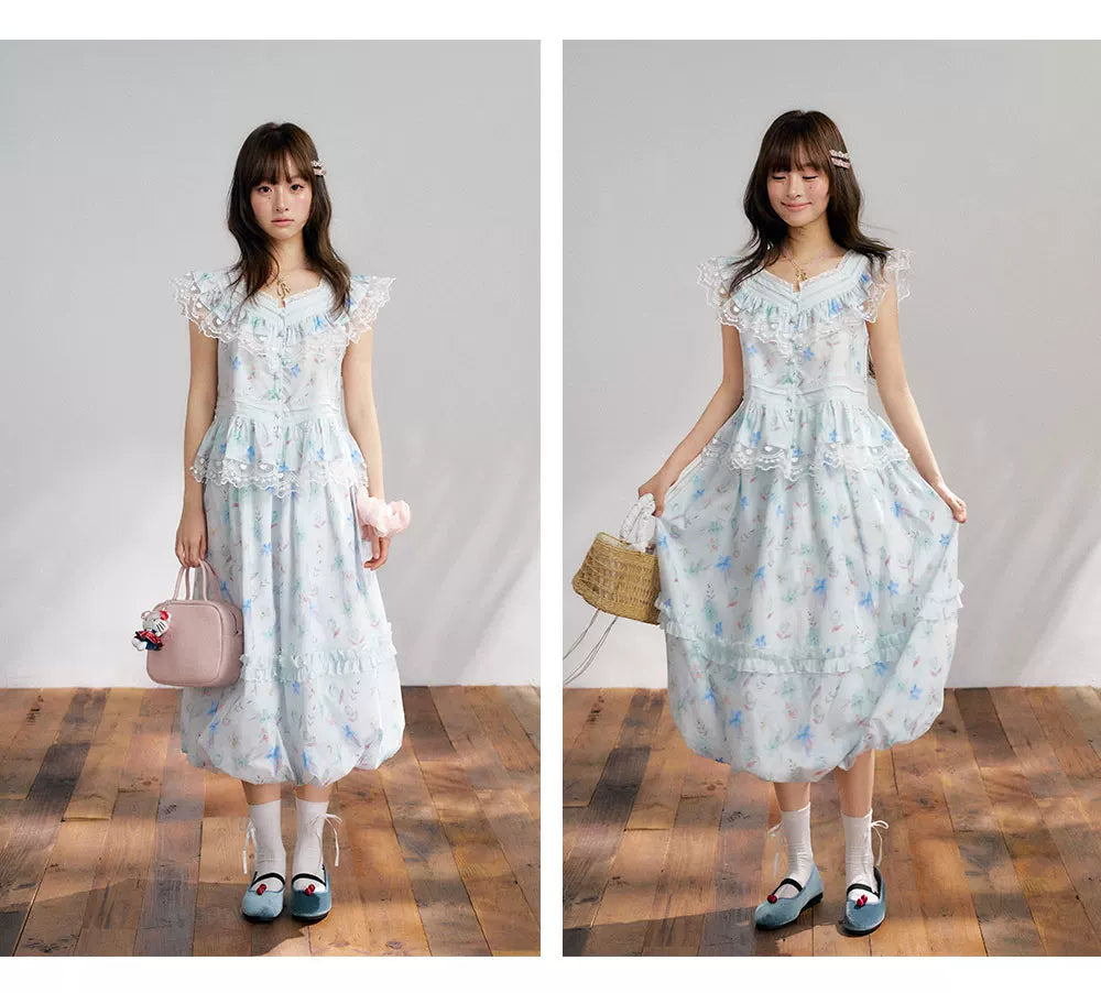 “Mint Blossom Isle” Blue Lace Trim Top & Bubble Hem Skirt