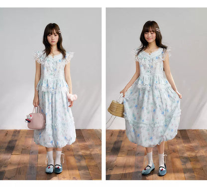 “Mint Blossom Isle” Blue Lace Trim Top & Bubble Hem Skirt
