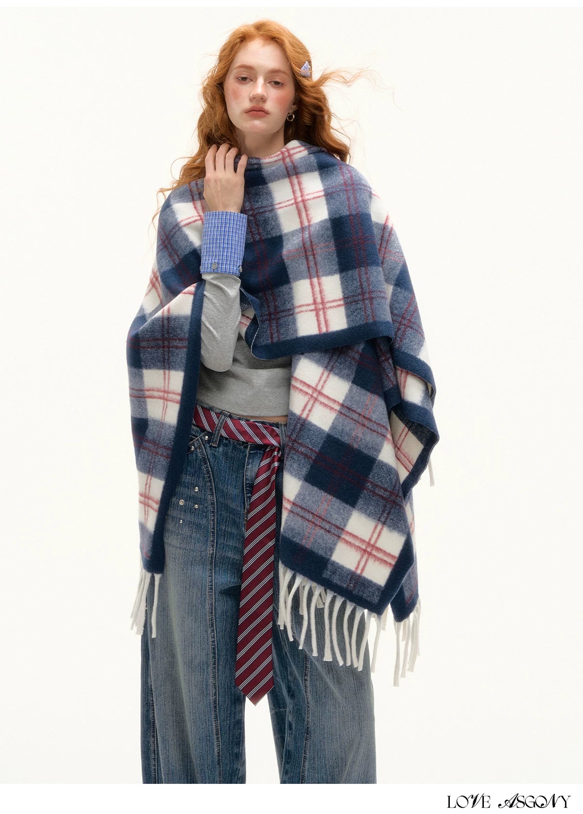 ASGONY - Navy Plaid Fringe Wrap Scarf