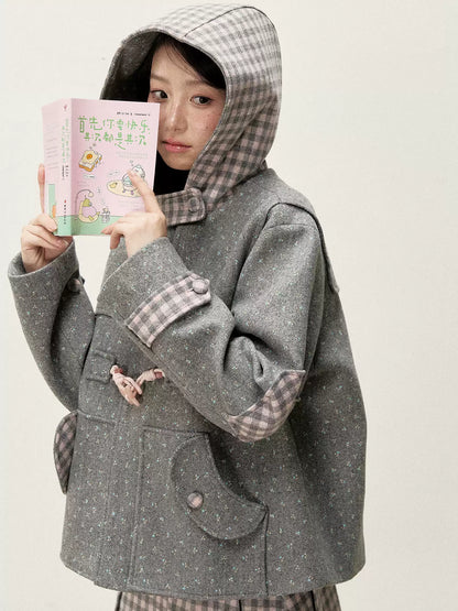 [RF] Floral Heather Gray Pink Plaid-Trim Hooded Duffle Coat