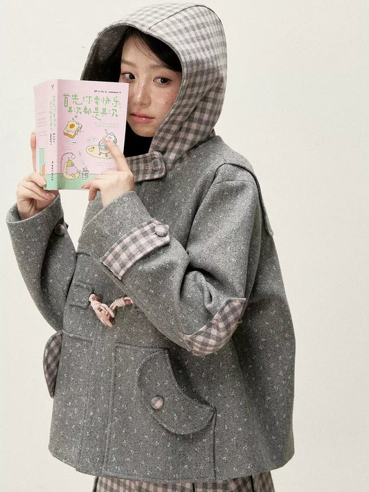 [RF] Floral Heather Gray Pink Plaid-Trim Hooded Duffle Coat