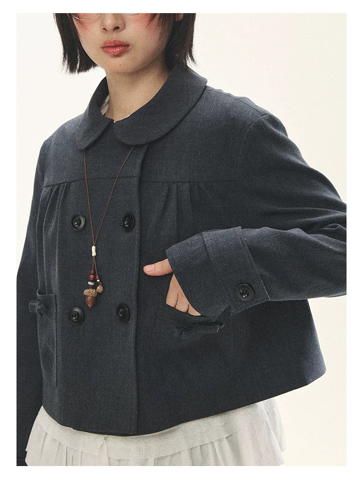 "First Day of Spring" Charcoal Gray Bow Blazer & Asymmetrical Skirt Set