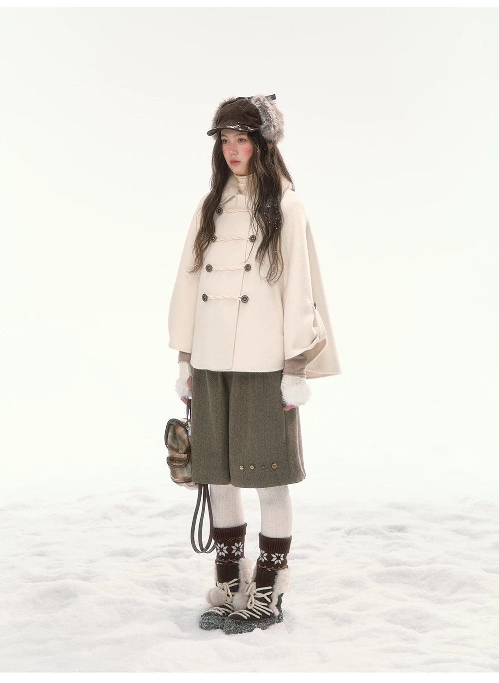 CANSTORE - "Pine Reverie" Ivory Wool-Blend Cape Coat with Faux Fur Collar