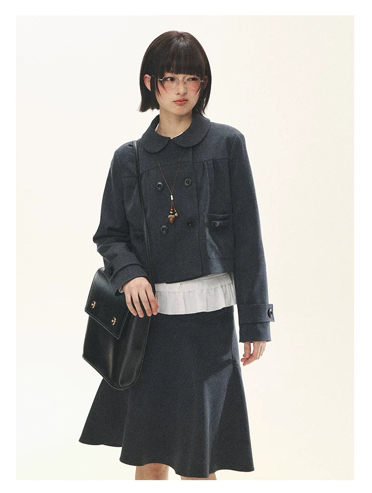 "First Day of Spring" Charcoal Gray Bow Blazer & Asymmetrical Skirt Set