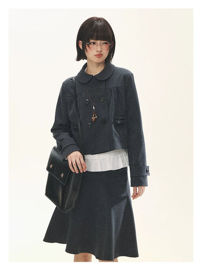"First Day of Spring" Charcoal Gray Bow Blazer & Asymmetrical Skirt Set