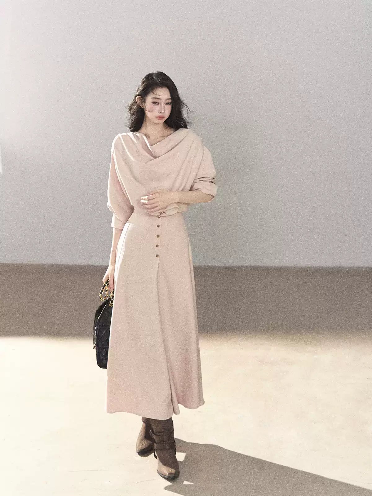 AOMALM - Cinnamon Pink Draped-Neck A-Line Maxi Dress