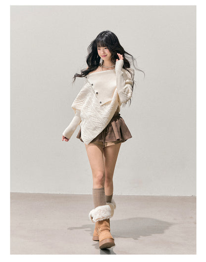 少也眼 “Letter from the Snow Country” Off-Shoulder Asymmetric Cable-Knit Sweater 1464854