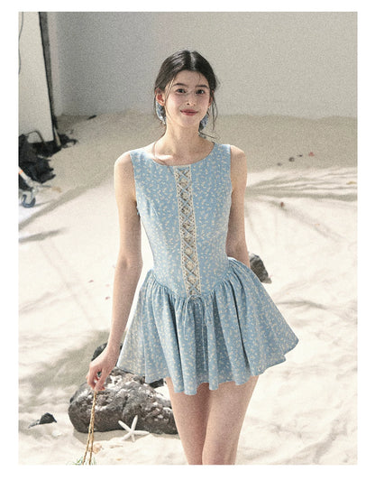"Sage Summer" Haze Blue Lace Floral Puff Mini Dress