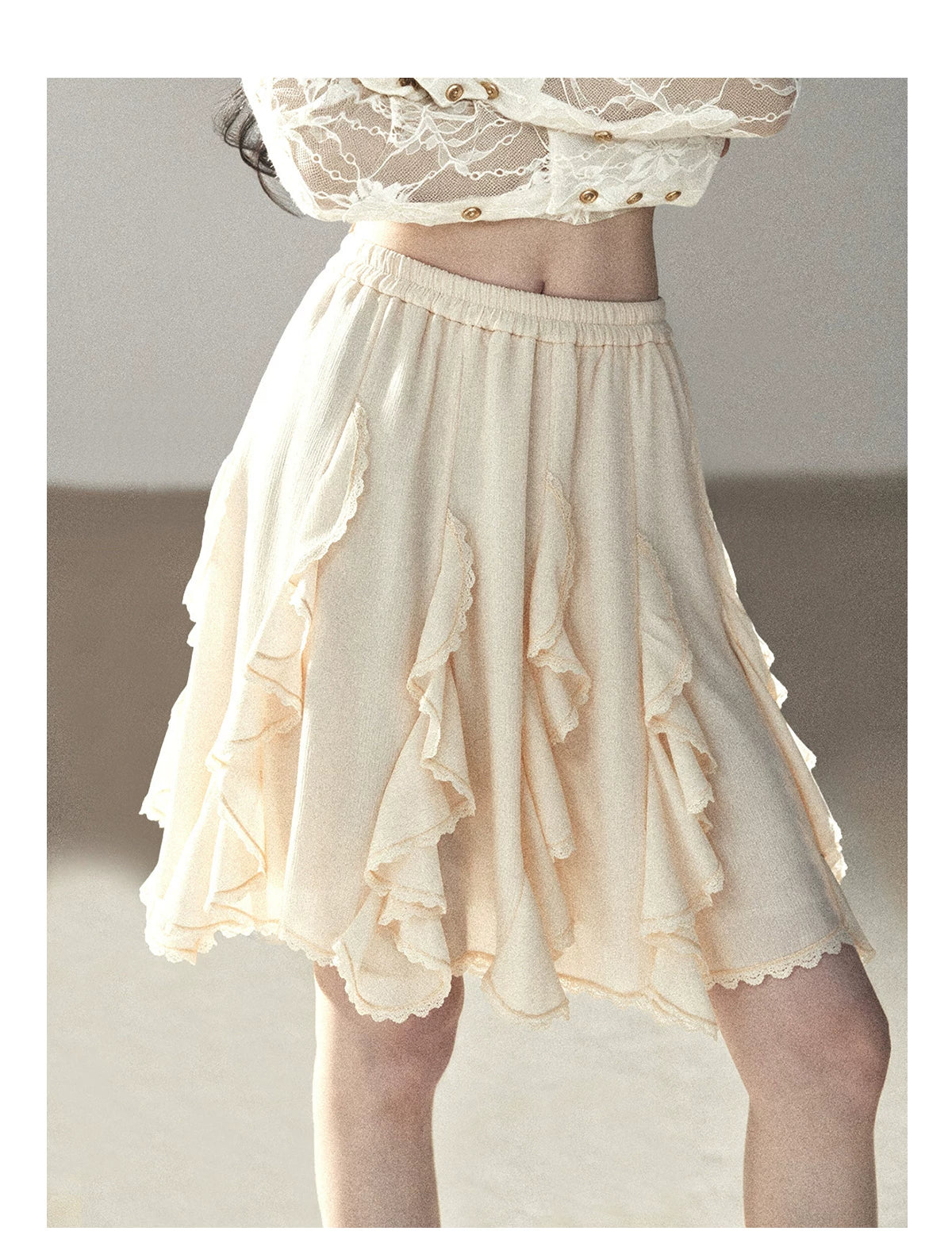 AOMALM - Cloud-Shaped French Lace Ruffle Midi Skirt – Elegant Autumn Maxi