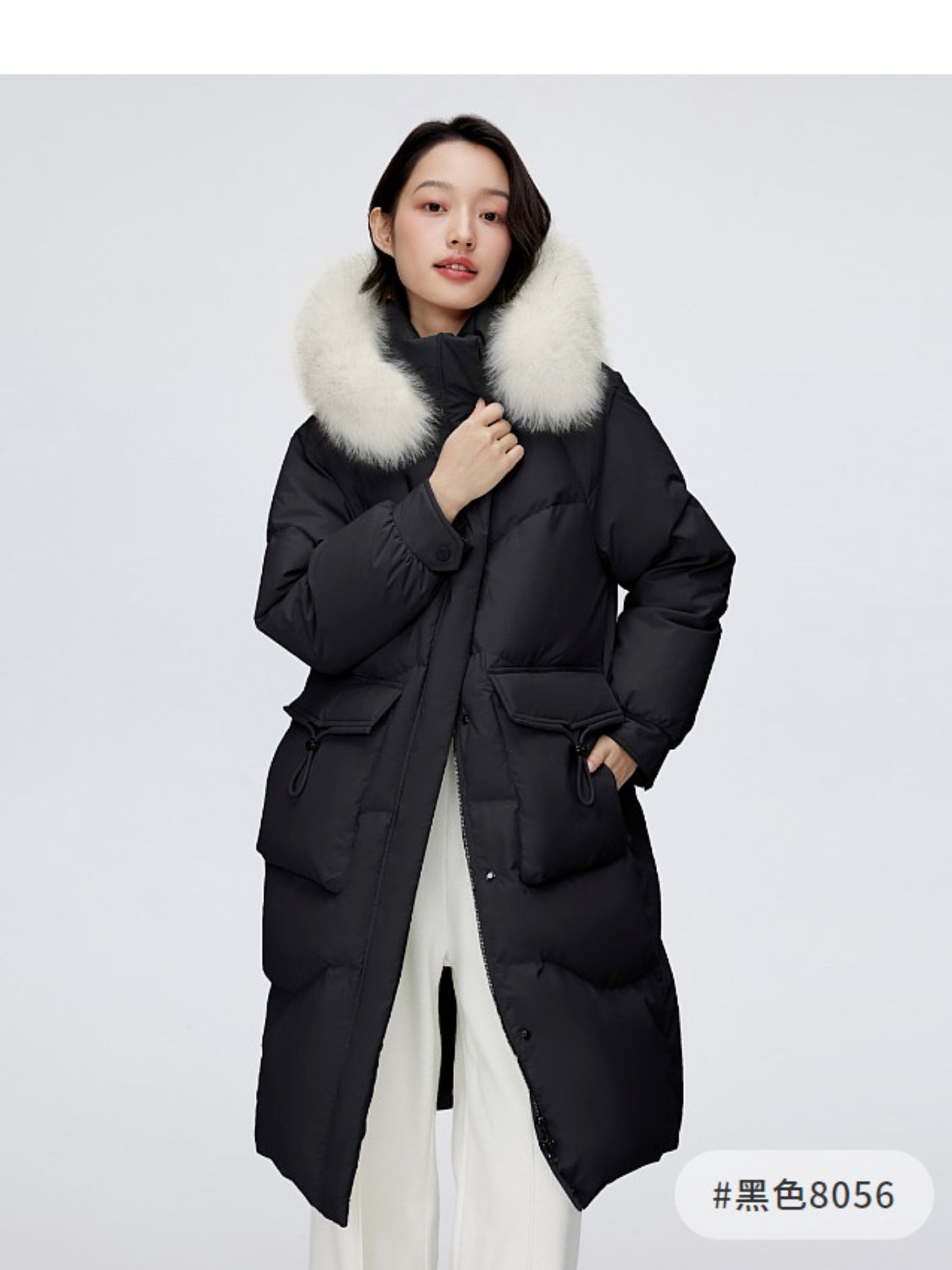 Urban Warm Fox-Fur Collar Mid-Length Down Jacket B40145212