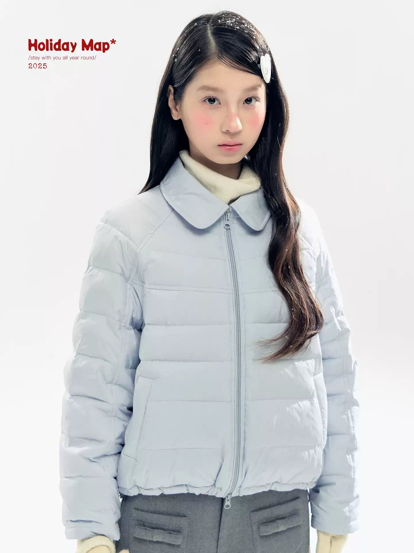 "Lily of the Valley Keepsake" Cropped Down Puffer Jacket (Pearl Beige/ Cloud Blue)