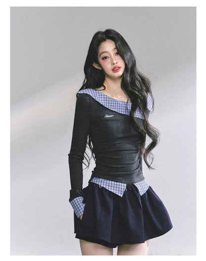 少也眼 Lester Style Faux Two-Piece Plaid Sweatshirt