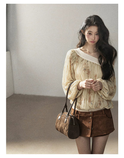 AOMALM - "Laurel's Sigh" Amber Yellow French-Inspired Asymmetrical Shoulder Floral Chiffon Blouse