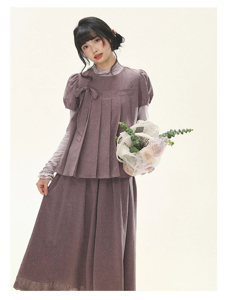 "Whispers Between Pleats" Gray Grape Purple Pleated Top & Maxi Skirt Set