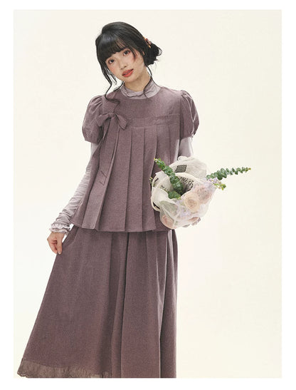 "Whispers Between Pleats" Gray Grape Purple Pleated Top & Maxi Skirt Set