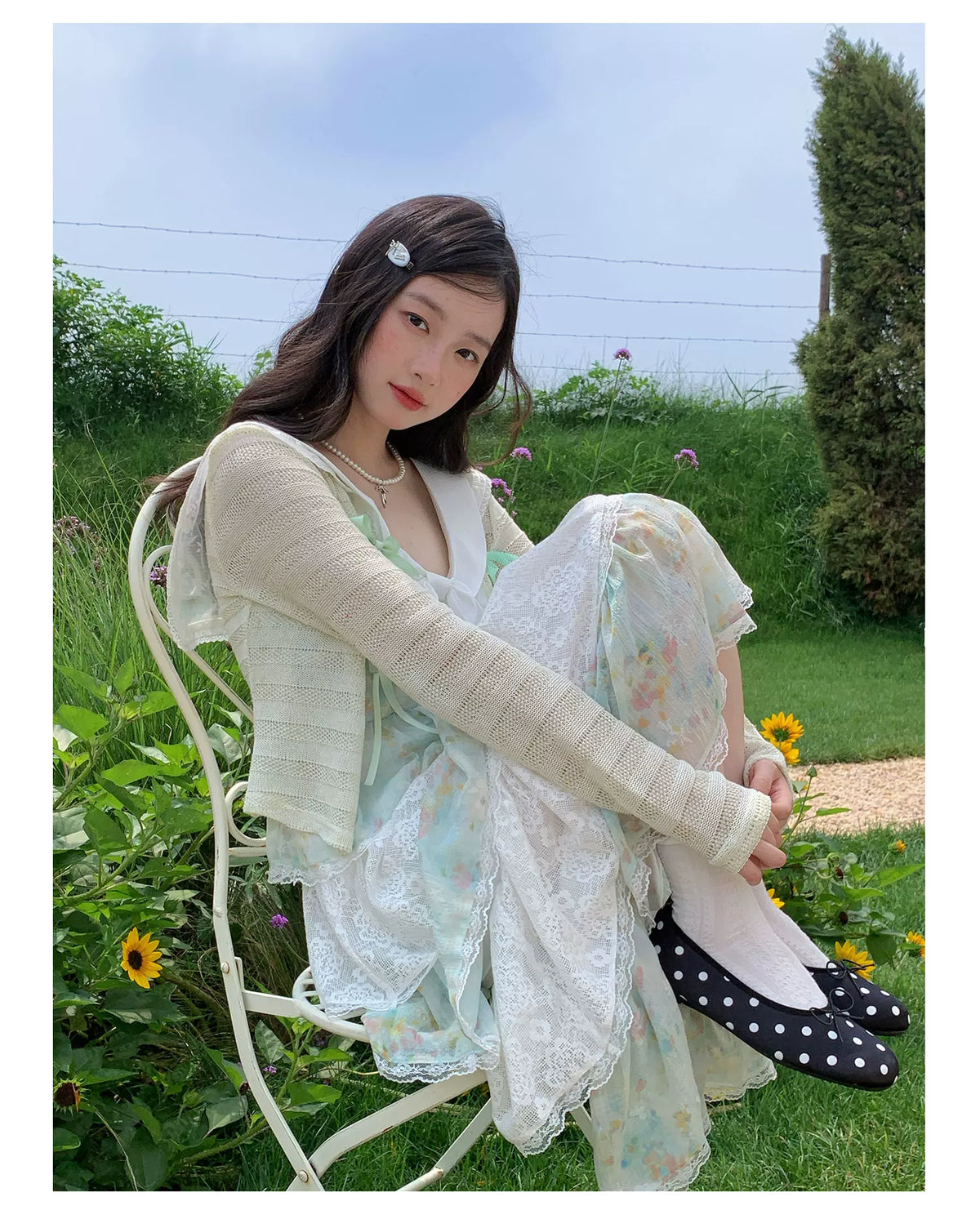 [RF] “Meadow Lilt” Light Green Floral Lace-Trim Tiered Maxi Dress