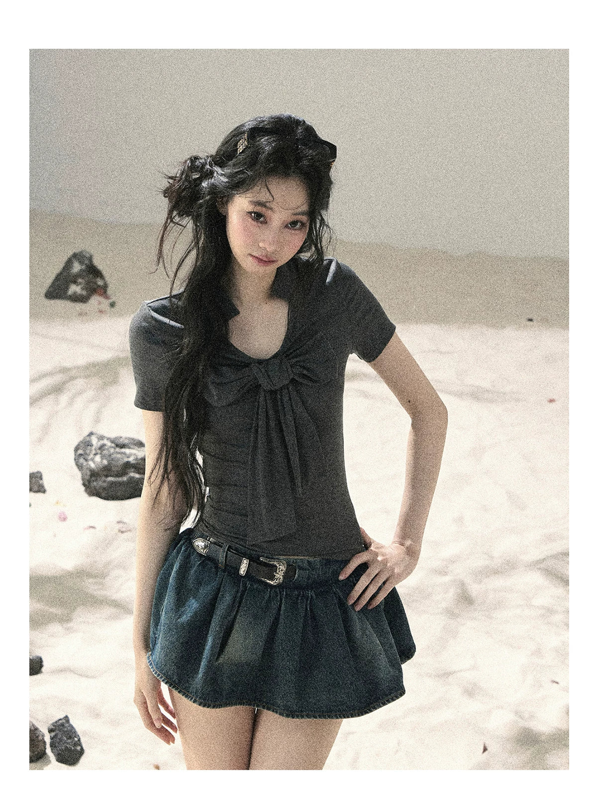 "Shimmer Across the Sea" Denim Bubble Skort (Rock Black/ Vintage Blue)