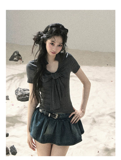 "Shimmer Across the Sea" Denim Bubble Skort (Rock Black/ Vintage Blue)