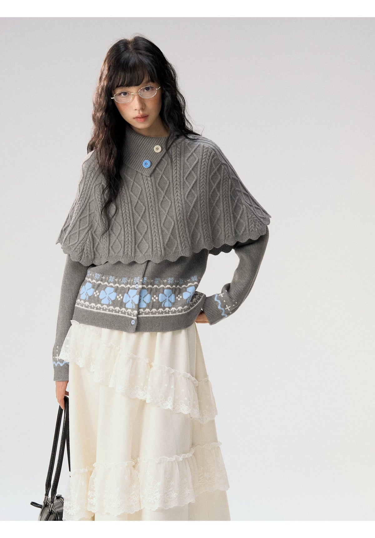 [CAN] "Witch's Wings" Gray Jacquard Knit Set (Cape Shawl / Cardigan)