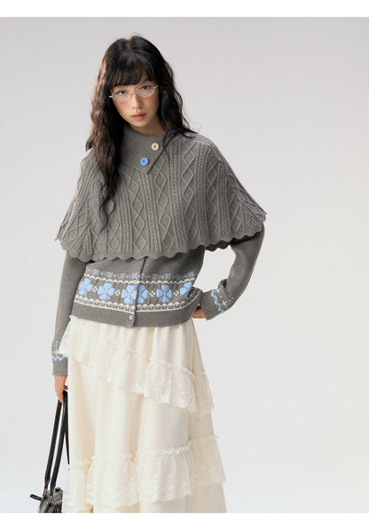 [CAN] "Witch's Wings" Gray Jacquard Knit Set (Cape Shawl / Cardigan)