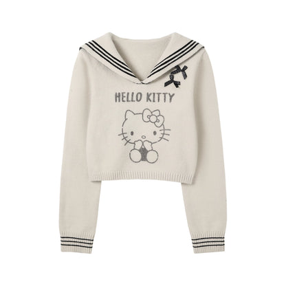 170726K "Kitty Harbor" Oat Beige Sailor Knit Set (Sailor Collar Knit Sweater + Pleated Knit Skirt)