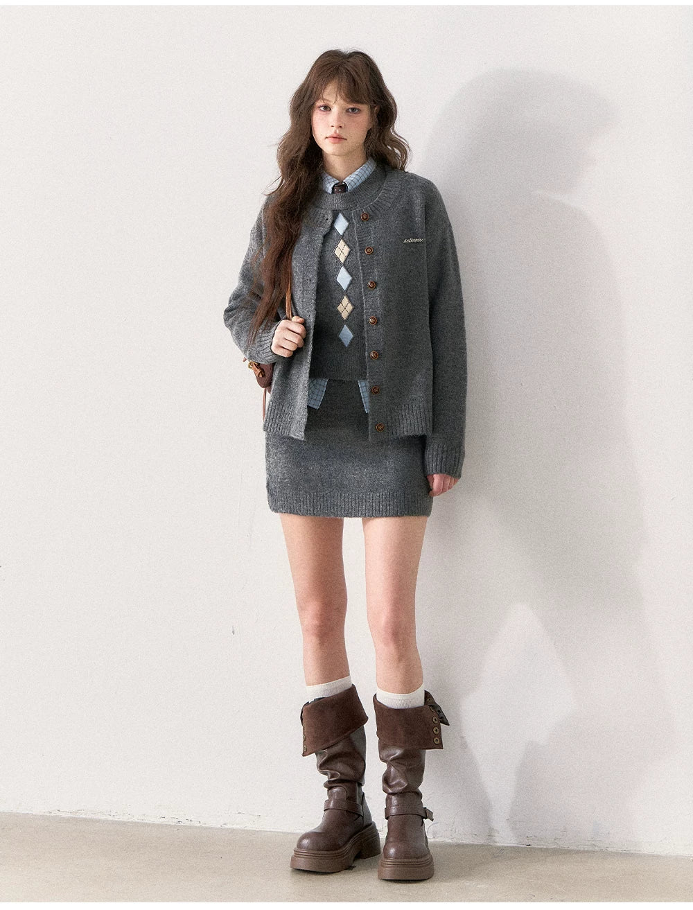[TMMG] British Collegiate Gray Diamond Knit 3-Piece Set