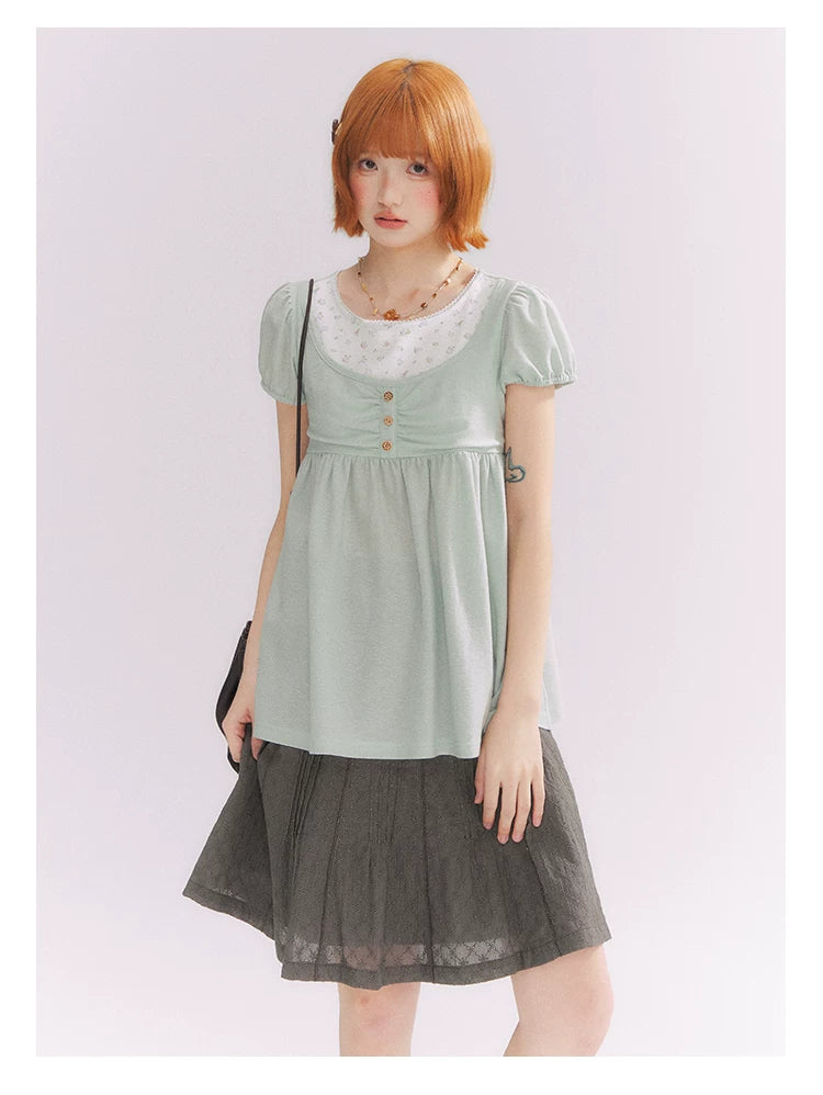 “Misty Texture” Gray Plaid Trim Embroidered A-Line Skirt
