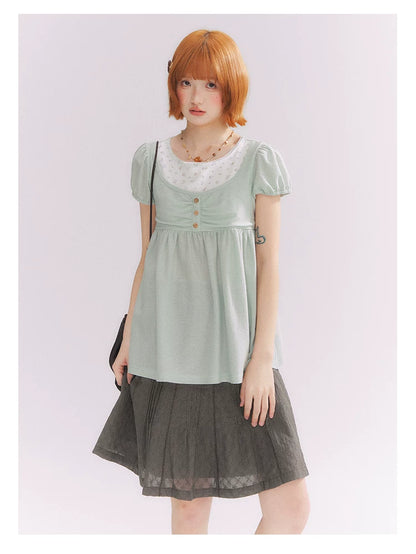 “Vintage Layered Charm” Mint Green Floral Layered Puff Sleeve T-Shirt