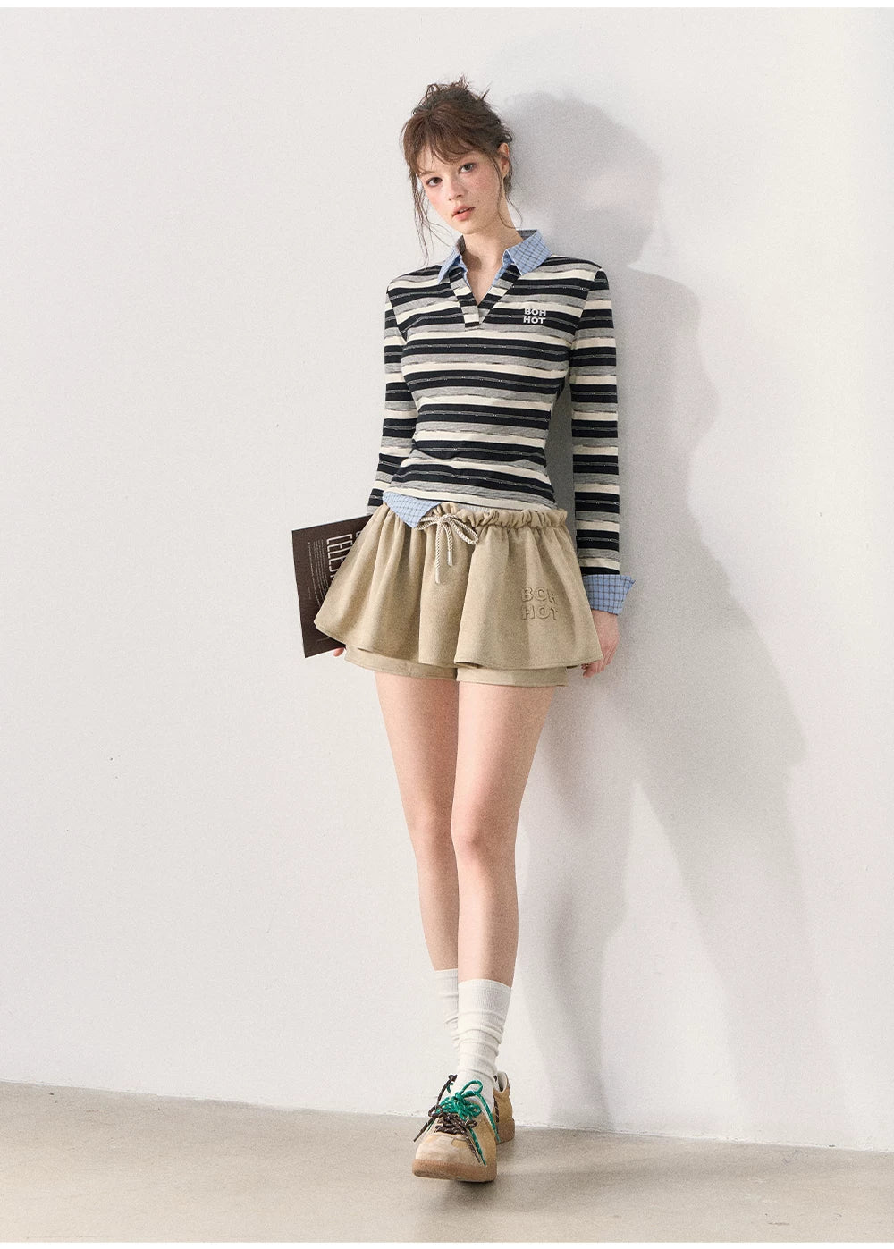 [TMMG] Miu-Inspired Striped Faux Two-Piece Long-Sleeve Polo Top