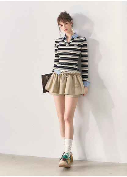 [TMMG] Miu-Inspired Striped Faux Two-Piece Long-Sleeve Polo Top