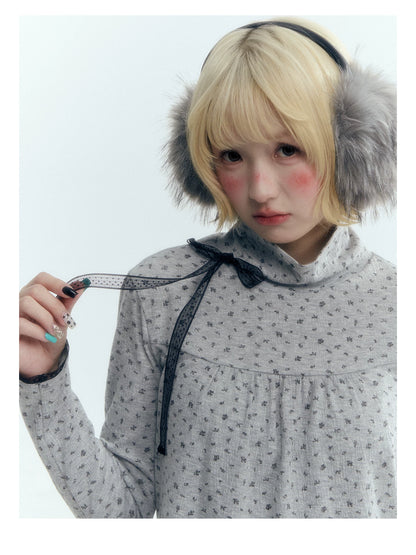 Floral Bow Lace-Tie Knit Top (Gray Floral / Light Khaki Beige)