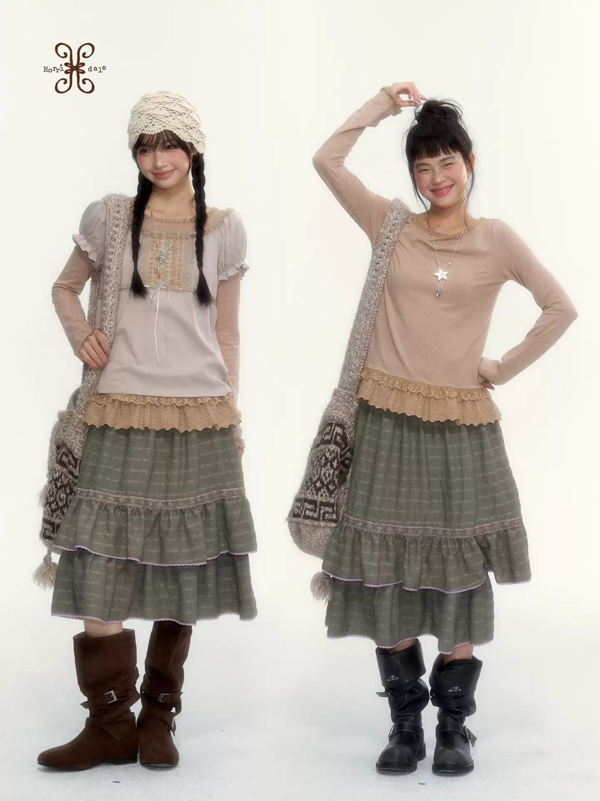 Dried Grass Green Vintage Lace Tiered A-Line Skirt