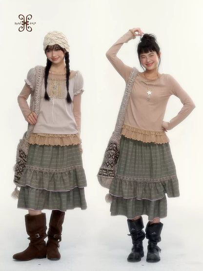 Dried Grass Green Vintage Lace Tiered A-Line Skirt