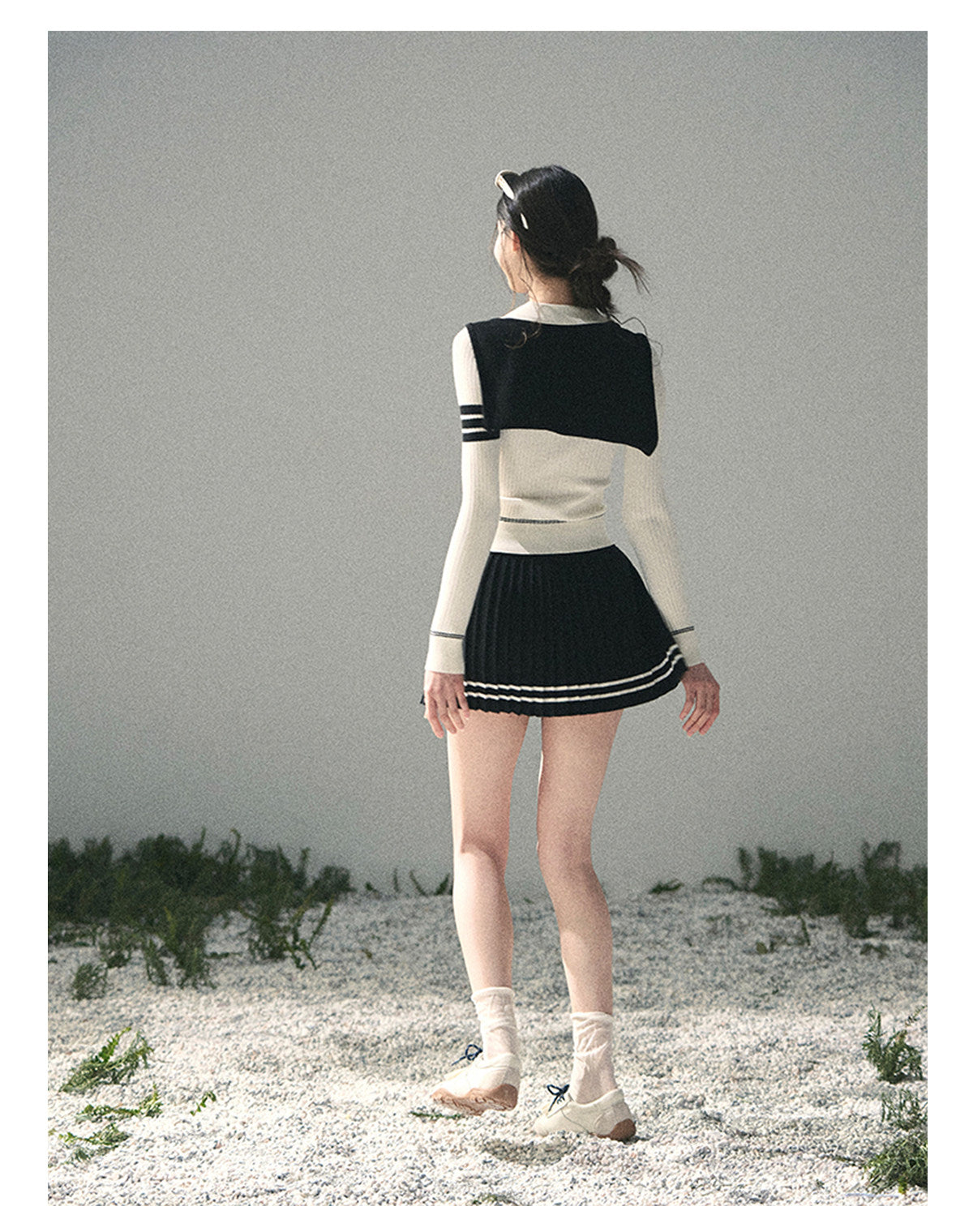 “Delhi Academy” Ivory Polo Knit Set with Midnight Black Scarf